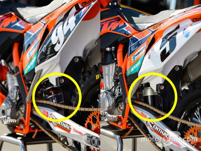 A la izquierda el motor de 250 de Ken Roczen con amortiguador trasero convencional; a la derecha el motor de 450 de Ryan Dungey con amortiguadores de aire
