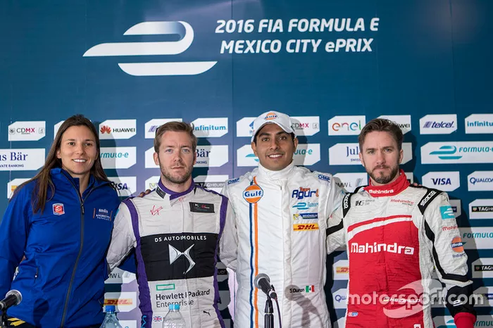 Simona de Silvestro, Amlin Andretti Formula E,Sam Bird, DS Virgin Racing Formula E Team, Salvador Durán, Team Aguri y Nick Heidfeld, Mahindra Racing durante la conferencia de prensa de la Fórmula E