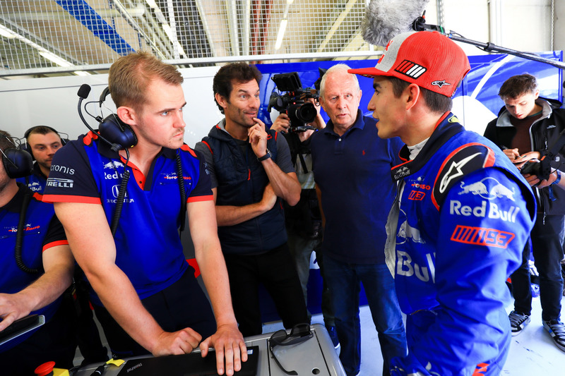 Marc Marquez, tests the Toro Rosso F1 car, with ex Formula 1 driver, Mark Webber