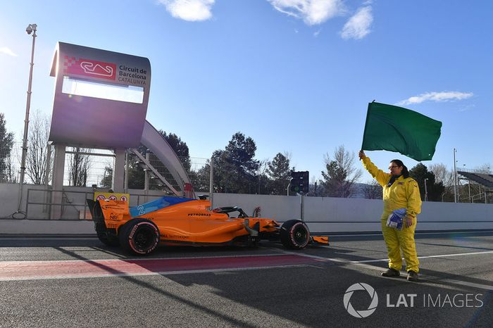 Stoffel Vandoorne, McLaren MCL33, y un comisario con la bandera verde