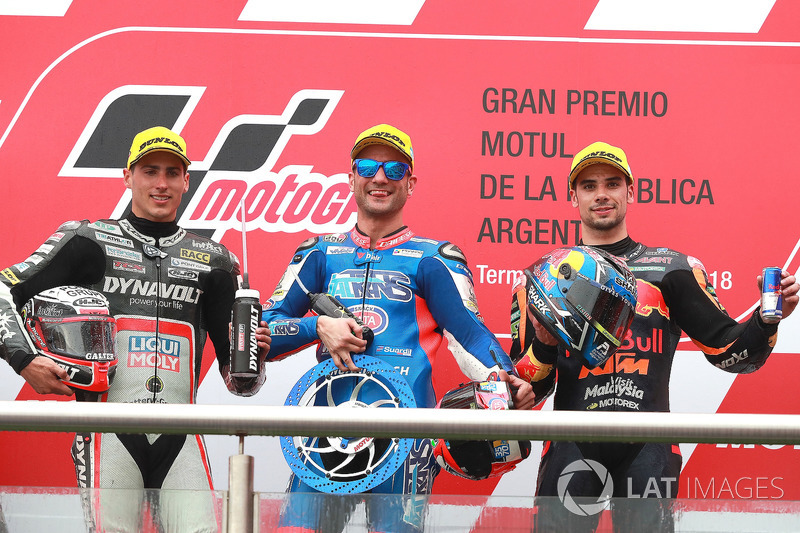 Second place Xavi Vierge, Dynavolt Intact GP, Race winner Mattia Pasini, Italtrans Racing Team Third place Miguel Oliveira, Red Bull KTM Ajo