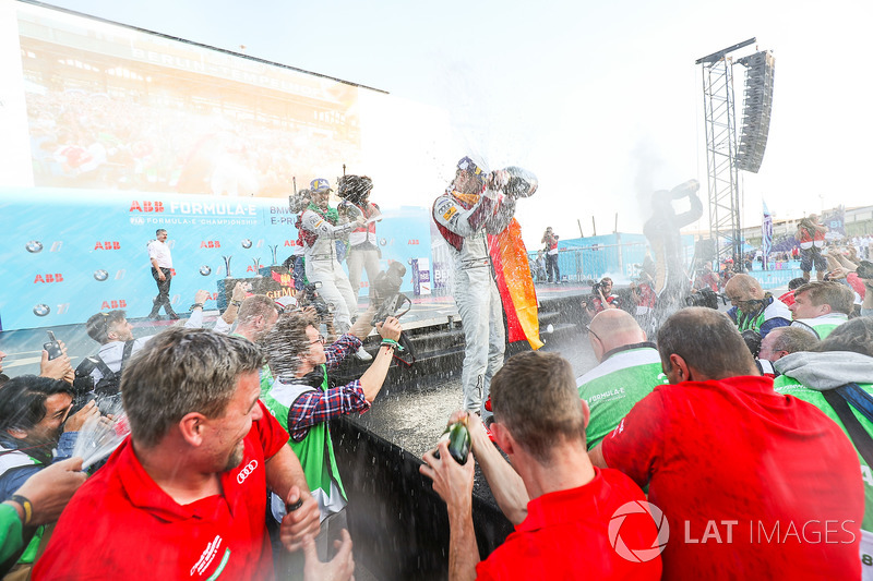 Jean-Eric Vergne, Techeetah, places 3rd, Lucas di Grassi, Audi Sport ABT Schaeffler, places 2nd, Daniel Abt, Audi Sport ABT Schaeffler, wins the Berlin ePrix