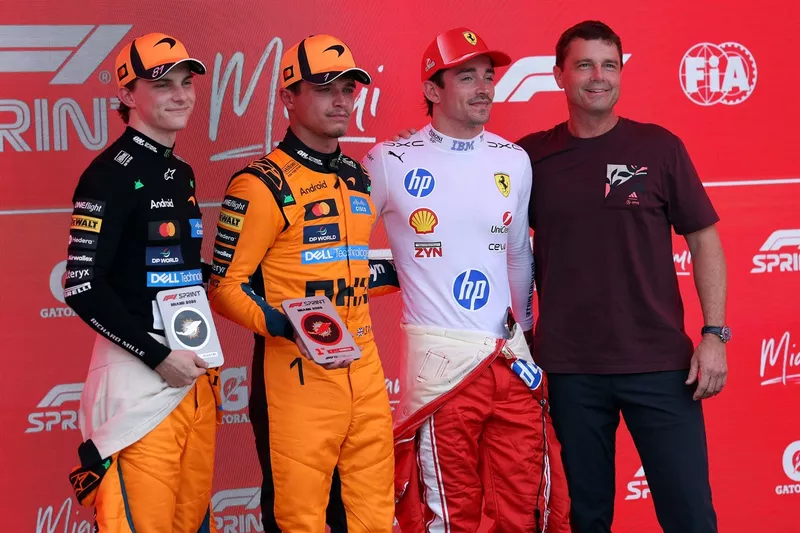 Charles Leclerc, Ferrari; Lando Norris, McLaren; Oscar Piastri, McLaren