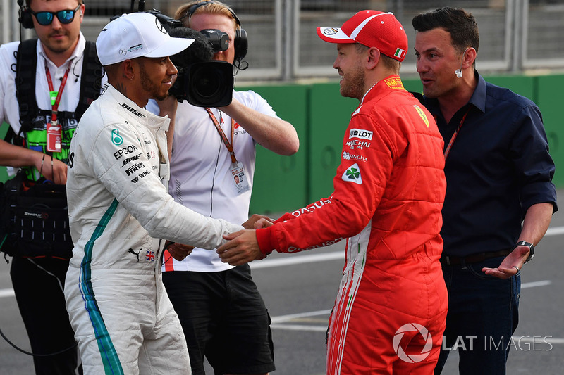 Lewis Hamilton, Mercedes-AMG F1 and Sebastian Vettel, Ferrari celebrate i n parc ferme