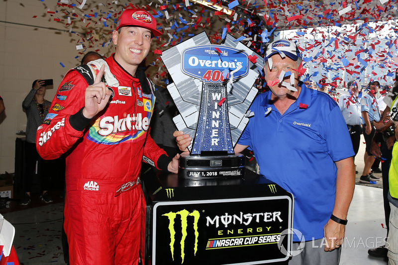 Kyle Busch, Joe Gibbs Racing, Toyota Camry Skittles Red White & Blue celebrates in victory lane
