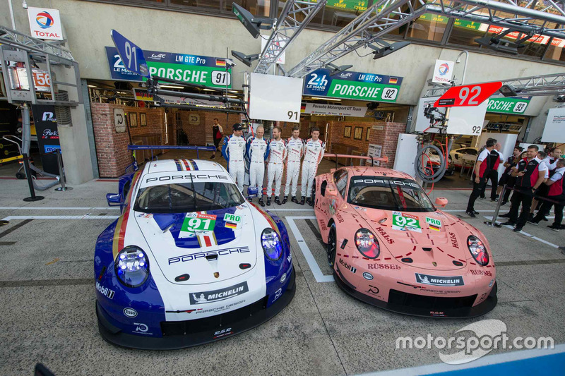 #92 Porsche GT Team Porsche 911 RSR and #91 Porsche GT Team Porsche 911 RSR with special liveries