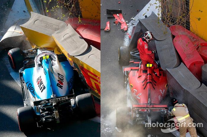Coches chocados de Robert Kubica, Williams FW42 y Charles Leclerc, Ferrari SF90