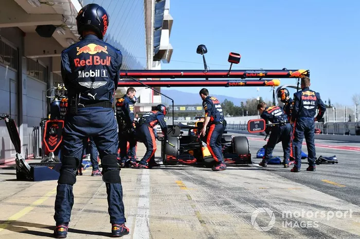 Max Verstappen, Red Bull Racing, makes a pit stop