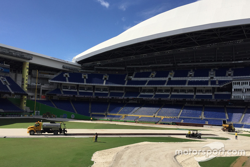 The circuit is paved inside Marlins Stadium