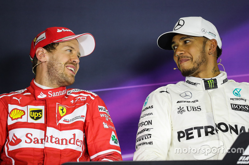 Sebastian Vettel, Ferrari and pole sitter Lewis Hamilton, Mercedes AMG F1 in the Press Conference