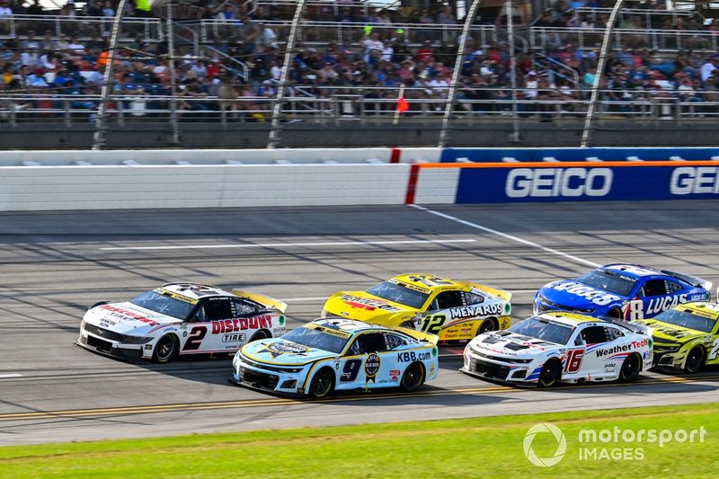 Austin Cindric, Team Penske, Discount Tire Ford Mustang, Chase Elliott, Hendrick Motorsports, Kelley Blue Book Chevrolet Camaro, Ryan Blaney, Team Penske, Menards/Pennzoil Ford Mustang, and Shane Van Gisbergen, Kaulig Racing, WeatherTech Chevrolet Camaro