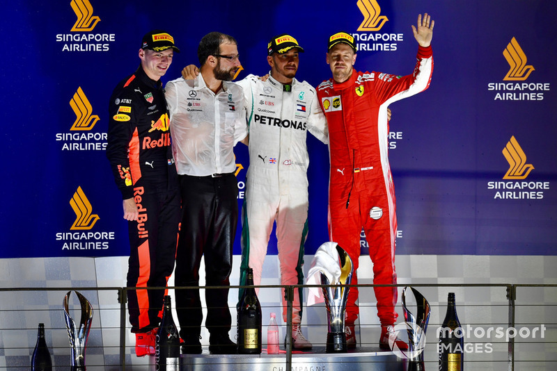 (L to R): Max Verstappen, Red Bull Racing, Lewis Hamilton, Mercedes AMG F1 and Sebastian Vettel, Ferrari celebrate on the podium 