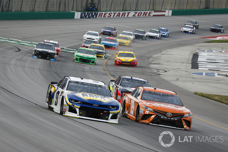 Chase Elliott, Hendrick Motorsports, Chevrolet Camaro NAPA Auto Parts, Daniel Suarez, Joe Gibbs Racing, Toyota Camry ARRIS, and Alex Bowman, Hendrick Motorsports, Chevrolet Camaro Axalta