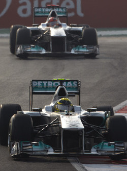Nico Rosberg, Mercedes GP W02, leads Michael Schumacher, Mercedes GP W02