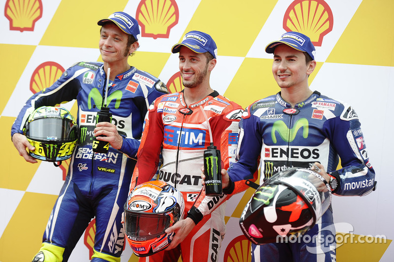 Polesitter Andrea Dovizioso, Ducati Team, second place Valentino Rossi, Yamaha Factory Racing, third place Jorge Lorenzo, Yamaha Factory Racing