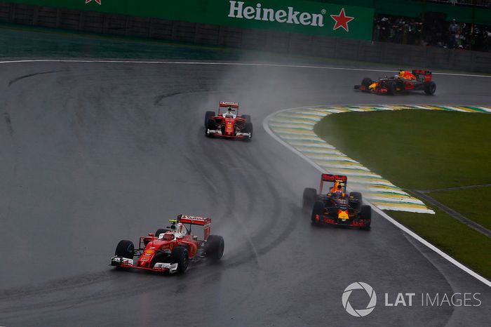 Kimi Raikkonen, Ferrari SF16-H, leads Max Verstappen, Red Bull Racing RB12, Sebastian Vettel, Ferrar