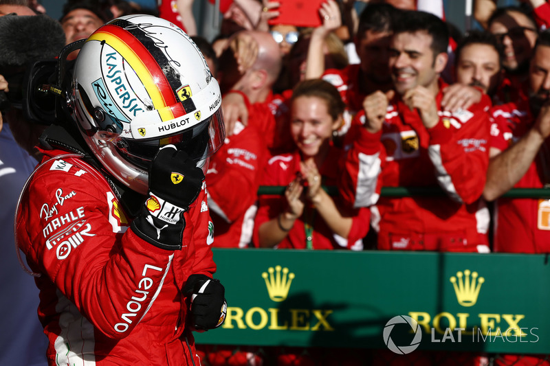 Sebastian Vettel, Ferrari, 1st position. celebrates victory on arrival in Parc Ferme