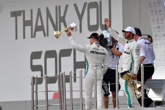 Second place Valtteri Bottas, Mercedes AMG F1 and Race winner Lewis Hamilton, Mercedes AMG F1 celebrate on the podium