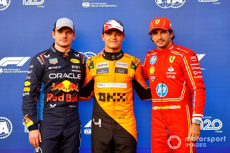 Top three qualifiers Max Verstappen, Red Bull Racing, pole man Lando Norris, McLaren F1 Team, Carlos Sainz, Scuderia Ferrari