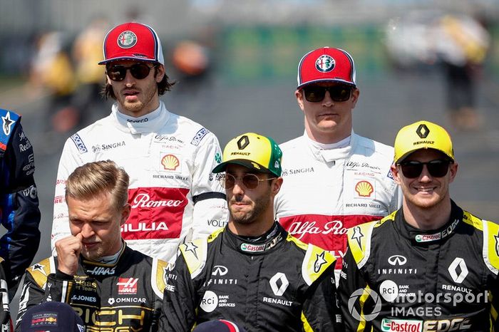 Antonio Giovinazzi, Alfa Romeo Racing, Kimi Raikkonen, Alfa Romeo Racing, Kevin Magnussen, Haas F1, Daniel Ricciardo, Renault F1 Team, y Nico Hulkenberg, Renault F1 Team