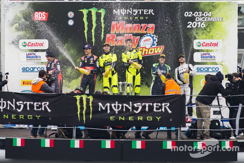 Podium: winners Valentino Rossi, Carlo Cassina, second place Daniel Sordo, Marc Marti, third place M