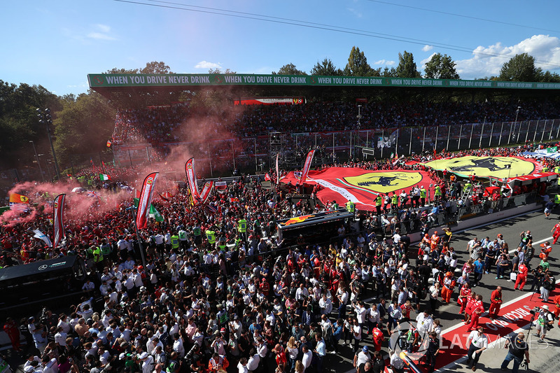 Ferrari fans and flags at the podium celebrations
