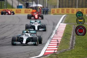 Valtteri Bottas, Mercedes AMG W10 devance Lewis Hamilton, Mercedes AMG F1 W10 et Sebastian Vettel, Ferrari SF90 lors du tour de formation