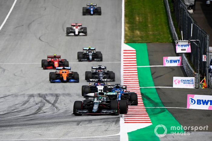 Lance Stroll, Aston Martin AMR21, Fernando Alonso, Alpine A521, George Russell, Williams FW43B, Daniel Ricciardo, McLaren MCL35M, Yuki Tsunoda, AlphaTauri AT02