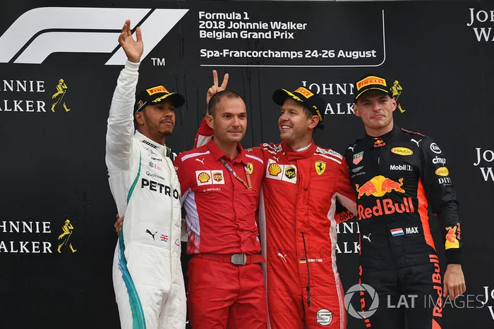 Lewis Hamilton, Mercedes AMG F1, David Sanchez, Ferrari, Sebastian Vettel, Ferrari y Max Verstappen, Red Bull Racing 