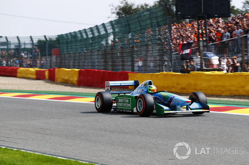 Mick Schumacher drives the Benetton B194 driven by his father Michael Schumacher in the 1994 World Championships