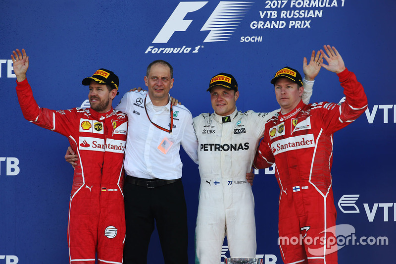 Second place Sebastian Vettel, Ferrari, Tony Ross, Race Engineer, Mercedes AMG F1, Race winner Third place Valtteri Bottas, Mercedes AMG F1 Kimi Raikkonen, Ferrari