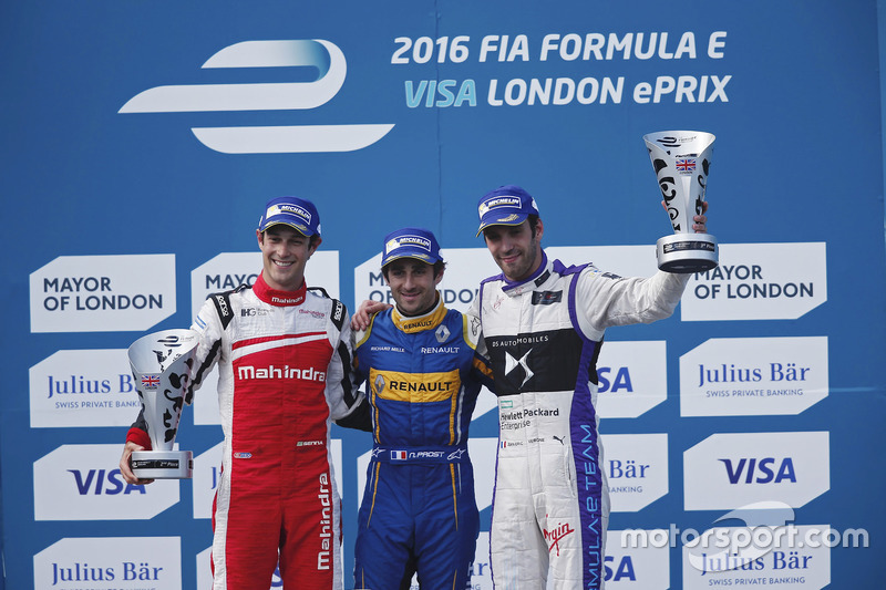 Podium: Race winner Nicolas Prost, Renault e.Dams; second place Bruno Senna, Mahindra Racing; third place Jean-Eric Vergne, DS Virgin Racing