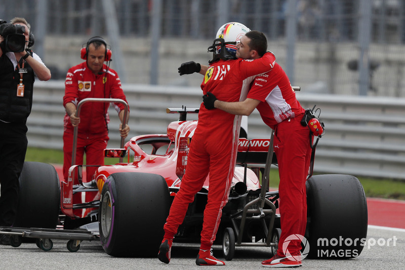 Sebastian Vettel, Ferrari celebrates with his team in parc ferme 