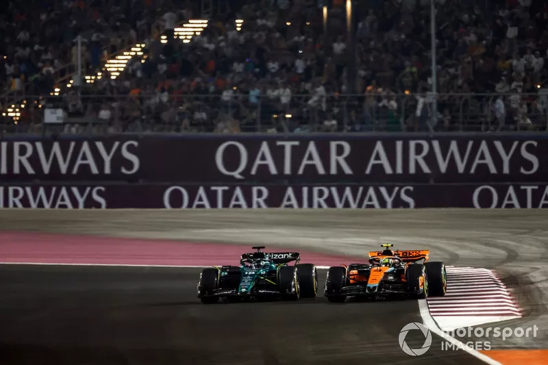 Lance Stroll, Aston Martin AMR23, lotta con Lando Norris, McLaren MCL60