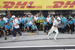 Valtteri Bottas, Mercedes AMG F1, race winner Lewis Hamilton, Mercedes AMG F1, and the Mercedes team celebrate victory