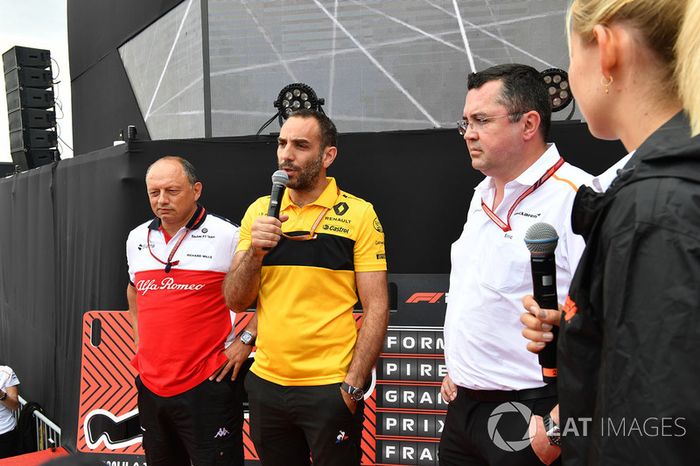 Frederic Vasseur, Sauber, Team Principal, Cyril Abiteboul, Renault Sport F1 y Eric Boullier, McLaren Racing Director