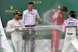 Podium: race winner Lewis Hamilton, Mercedes-AMG F1, second place Kimi Raikkonen, Ferrari, third place Sergio Perez, Force India