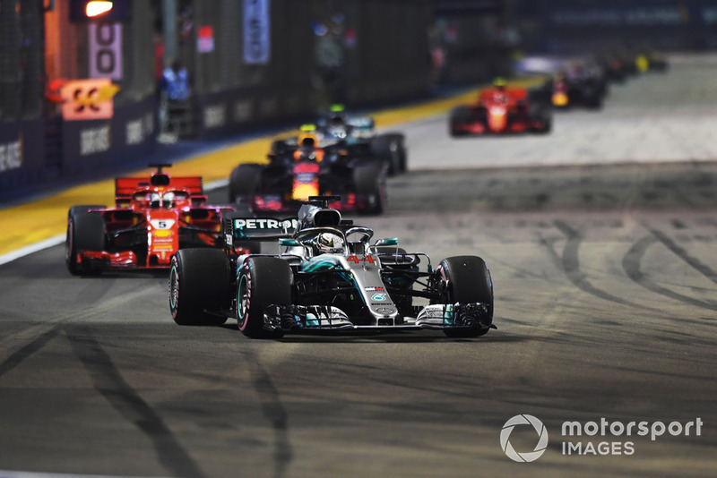 Lewis Hamilton, Mercedes AMG F1 W09 EQ Power+ leads Sebastian Vettel, Ferrari SF71H 