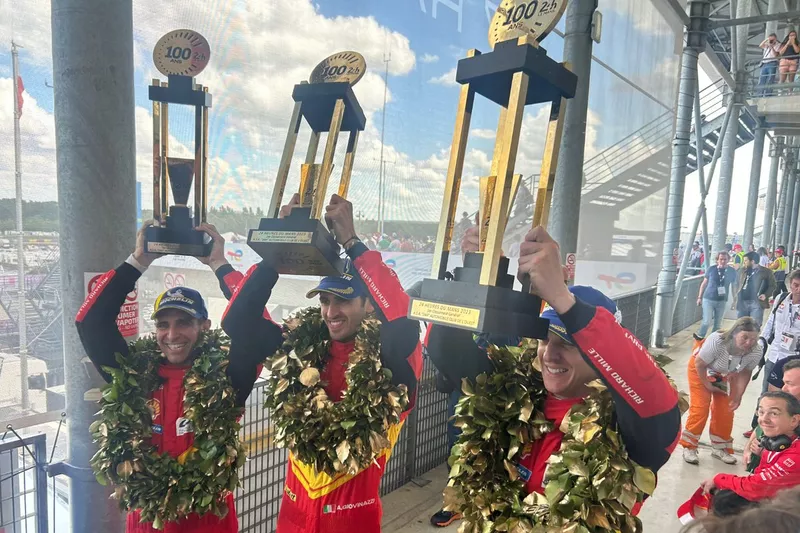 I vincitori della 24 Ore di Le Mans 2023, Alessandro Pier Guidi, James Calado, Antonio Giovinazzi, Ferrari AF Corse Ferrari 499P