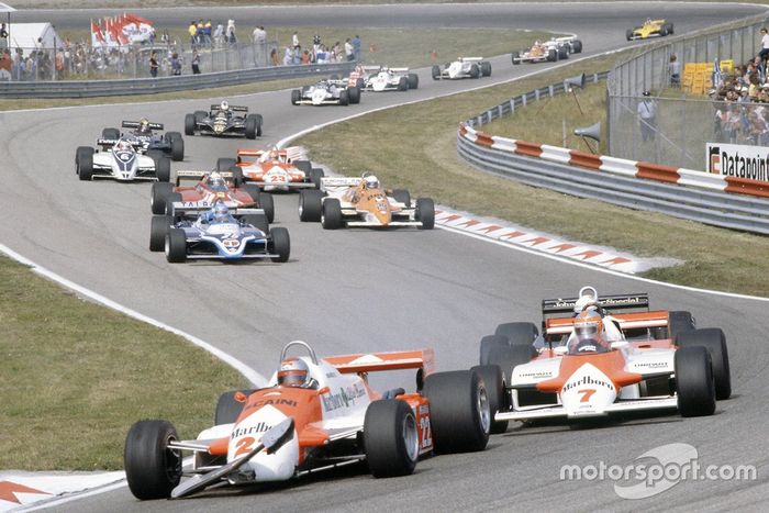 Mario Andretti, Alfa Romeo 179C, John Watson, McLaren MP4/1-Ford Cosworth, Elio de Angelis, Lotus 87-Ford Cosworth, Patrick Tambay, Ligier JS17-Matra, Riccardo Patrese, Arrows A3-Ford Cosworth, Didier Pironi, Ferrari 126CK, Bruno Giacomelli, Alfa Romeo 179C, Hector Rebaque, Brabham BT49C-Ford Cosworth, Derek Daly, March 811-Ford Cosworth, Nigel Mansell, Lotus 87-Ford Cosworth, Jean-Pierre Jarier, Osella FA1B-Ford Cosworth, Marc Surer, Theodore TY01-Ford Cosworth, Eliseo Salazar, Ensign N180B-Ford Cosworth