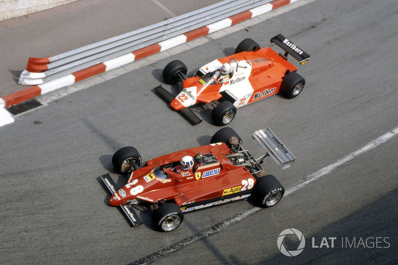 Didier Pironi, Ferrari 126C2 leads Andrea de Cesaris, Alfa Romeo 182