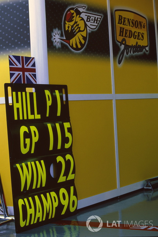 Damon Hill, Jordan 198 pit board at the end of the race