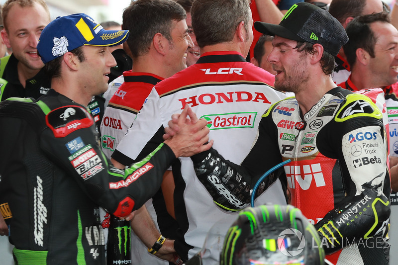 Podium kedua: Johann Zarco, Monster Yamaha Tech 3, Race winner Cal Crutchlow, Team LCR Honda