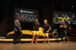 David Croft, Sky Sports Commentator, Jolyon Palmer, Renault Sport F1 Team, Kevin Magnussen, Renault Sport F1 Team and Cyril Abiteboul, Renault Sport F1 Managing Director