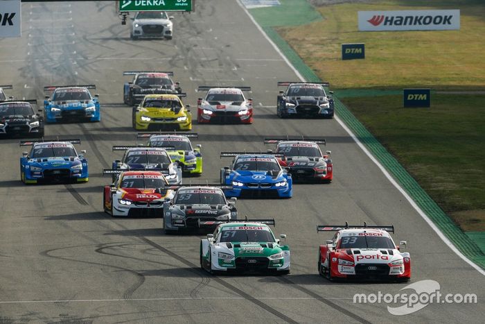 Start action, Rene Rast, Audi Sport Team Rosberg, Audi RS 5 DTM leads Nico Muller, Audi Sport Team Abt Sportsline, Audi RS 5 DTM