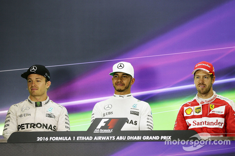 The post race FIA Press Conference: Nico Rosberg, Mercedes AMG F1, second; Lewis Hamilton, Mercedes AMG F1, race winner; Sebastian Vettel, Ferrari, third