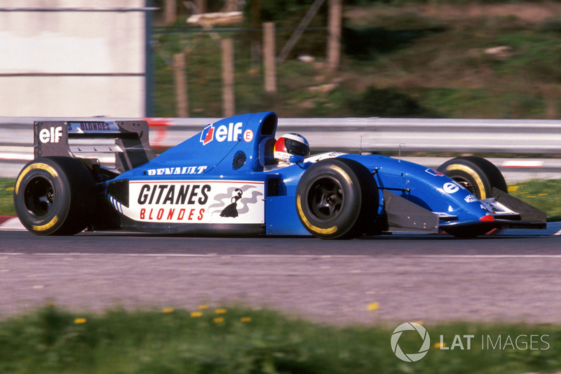 Michael Schumacher tests the Ligier JS39B Renault to evaluate the Renault V10 engine