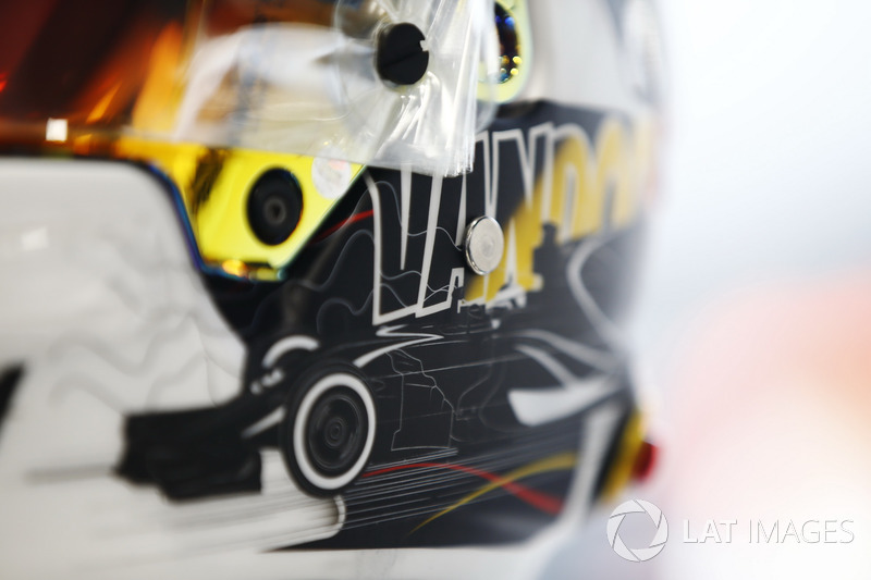 Helmet detail of Stoffel Vandoorne, McLaren, showing a new design for his home grand prix