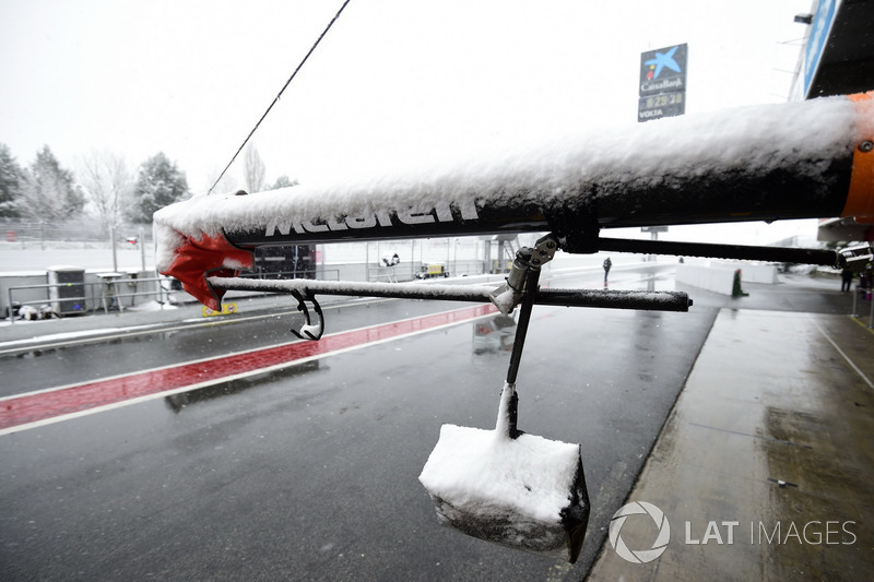 McLaren pit box as snow stops testing on day three