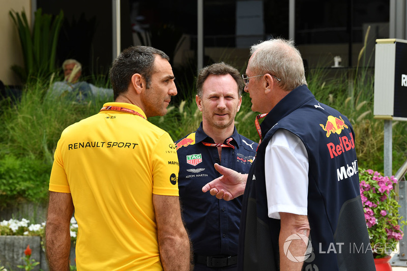 Christian Horner, Red Bull Racing Team Principal, Dr Helmut Marko, Red Bull Motorsport Consultant and Cyril Abiteboul, Renault Sport F1 Managing Director